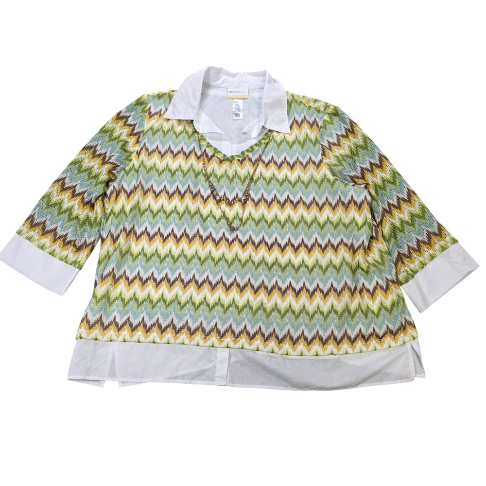 Alfred Dunner Knit Layered Top Women's 2X Chevron Green Yellow White 3/4 Sleeve